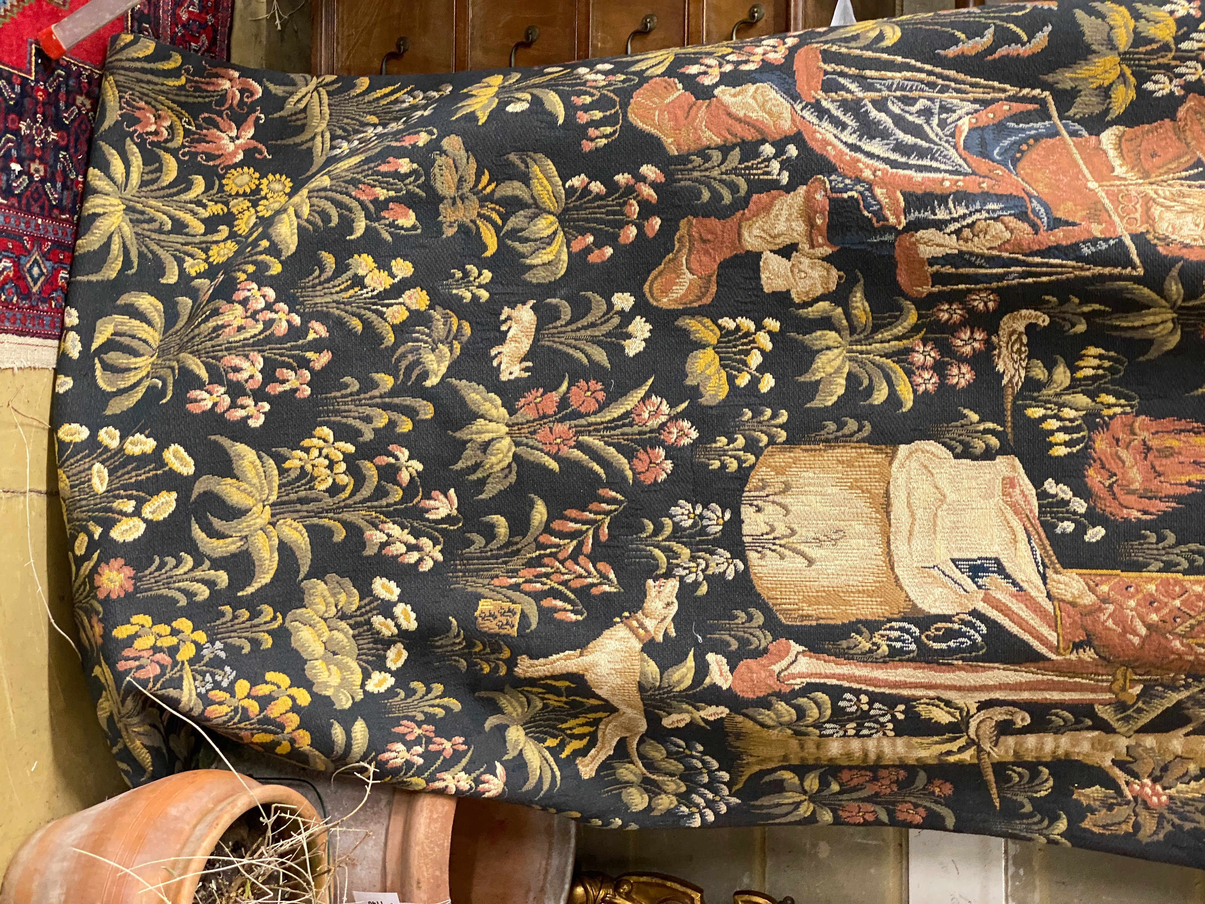 A Hines of Oxford polychrome tapestry panel, 280 x 128cm